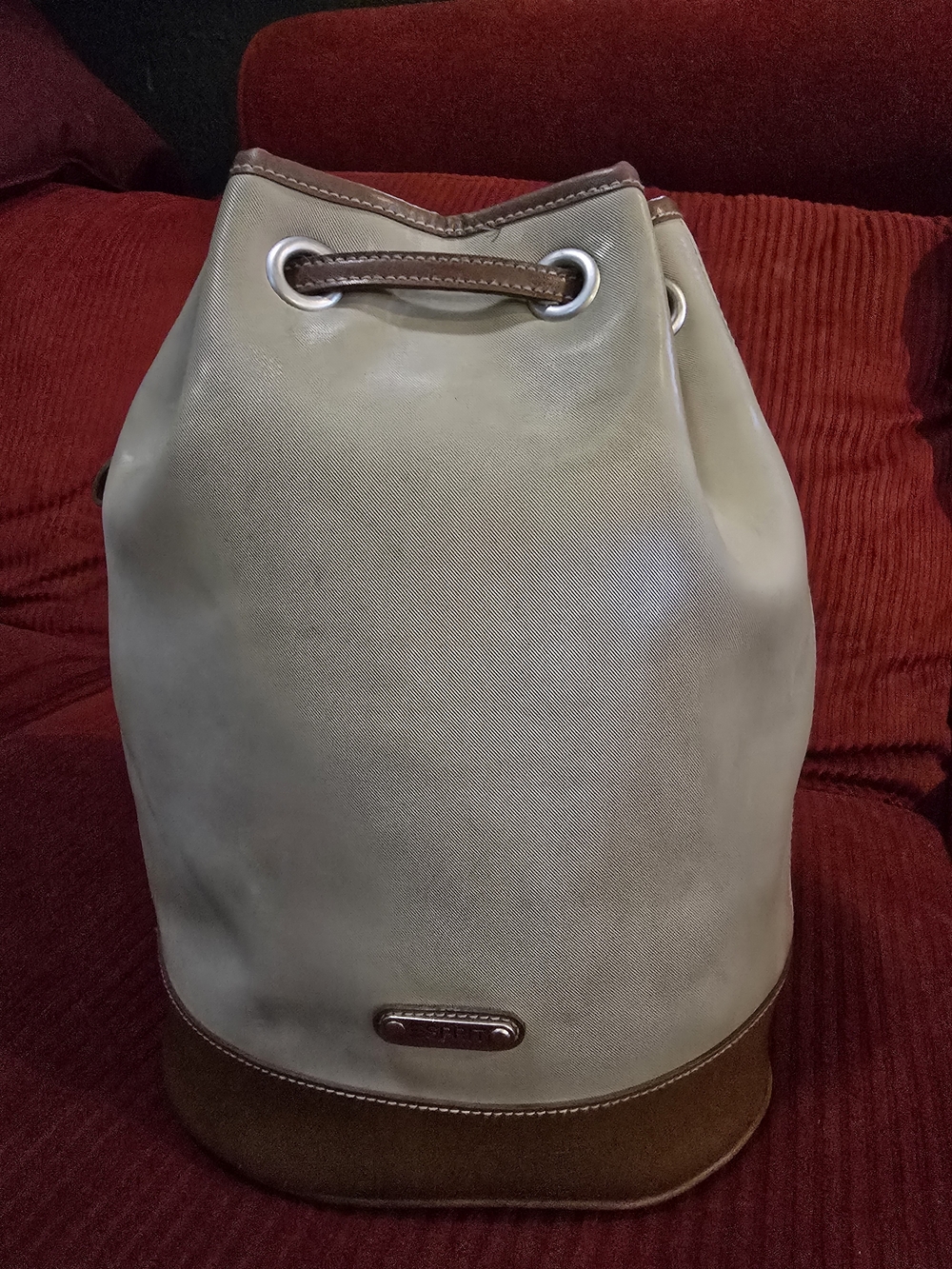 Esprit Beige Canvas Drawstring Backpack with Brown Trim